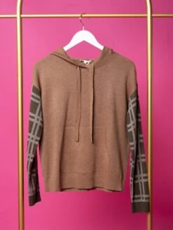 Contrasting Long Plaid Sleeves Drawstring Hoodie | S-L