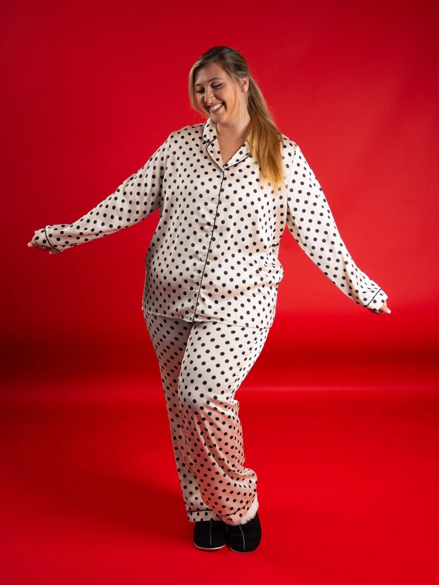 Polka Dot Button Down Long Sleeve Satin Lounge Pajama Top | S - 3X - Image 3