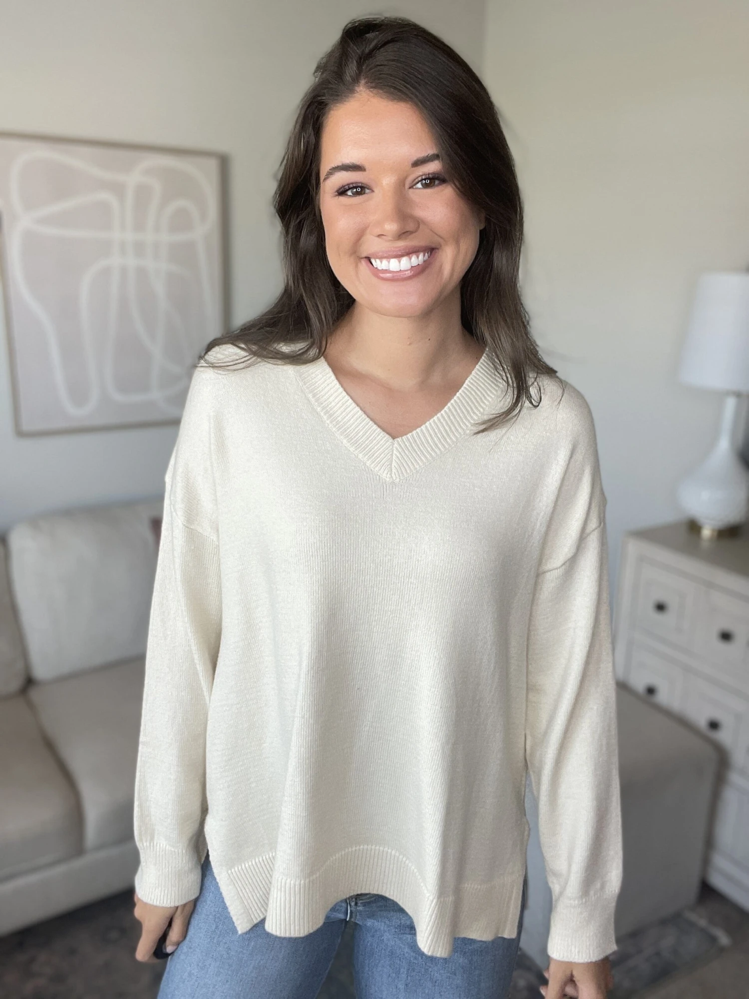 V Neck Long Sleeve Sweater W/ Side Slits | S-L - Image 2