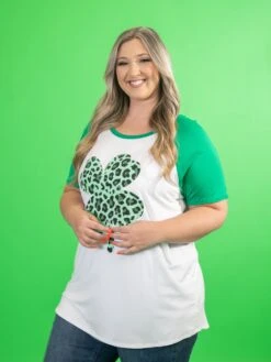 Short Sleeve Ragland Top W/ Animal Print Clover | S-3X St. Patricks Day