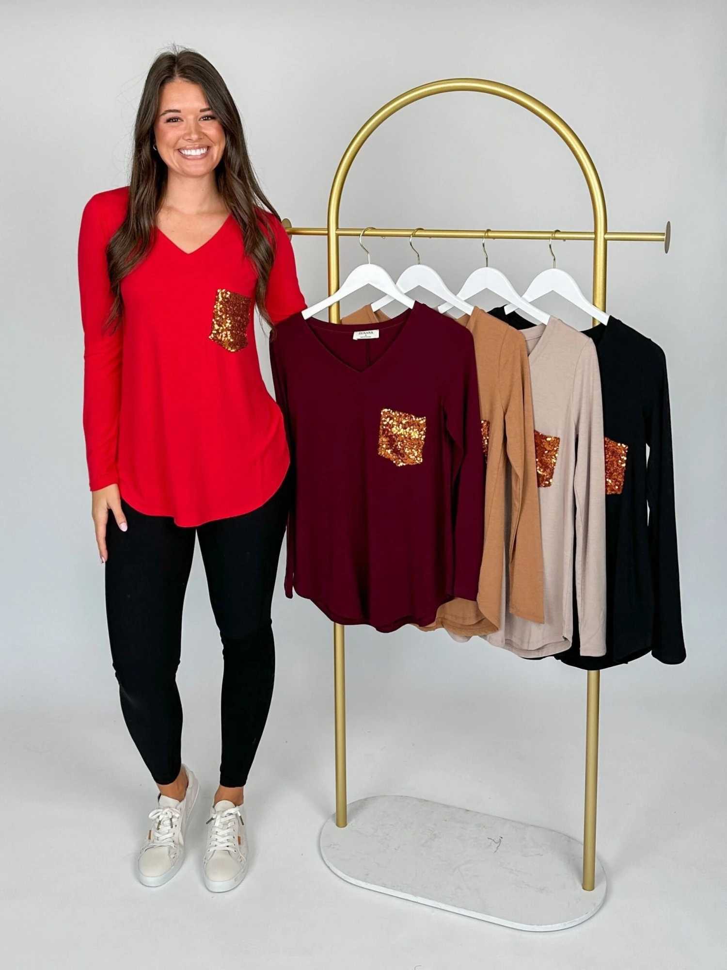 Zenana Long Sleeve V-Neck Top W/ Chest Sequin Pocket | S - 3X