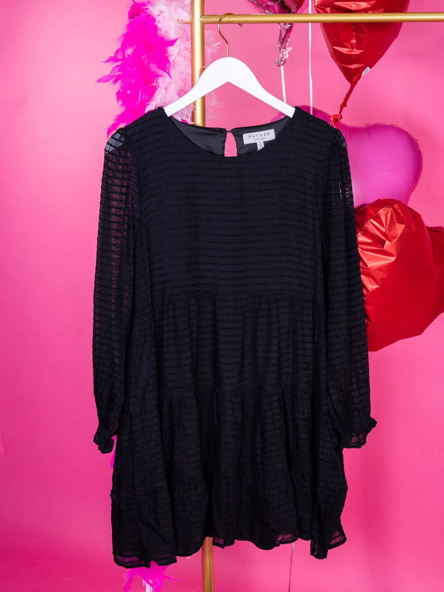 Long Sleeve Round Neck Textured Tiered Dress W/ Pockets | S-L