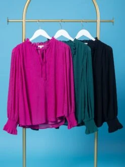 Textured Long Poet Sleeve Top W/ Ruffled Round Neck & Tie | S-L