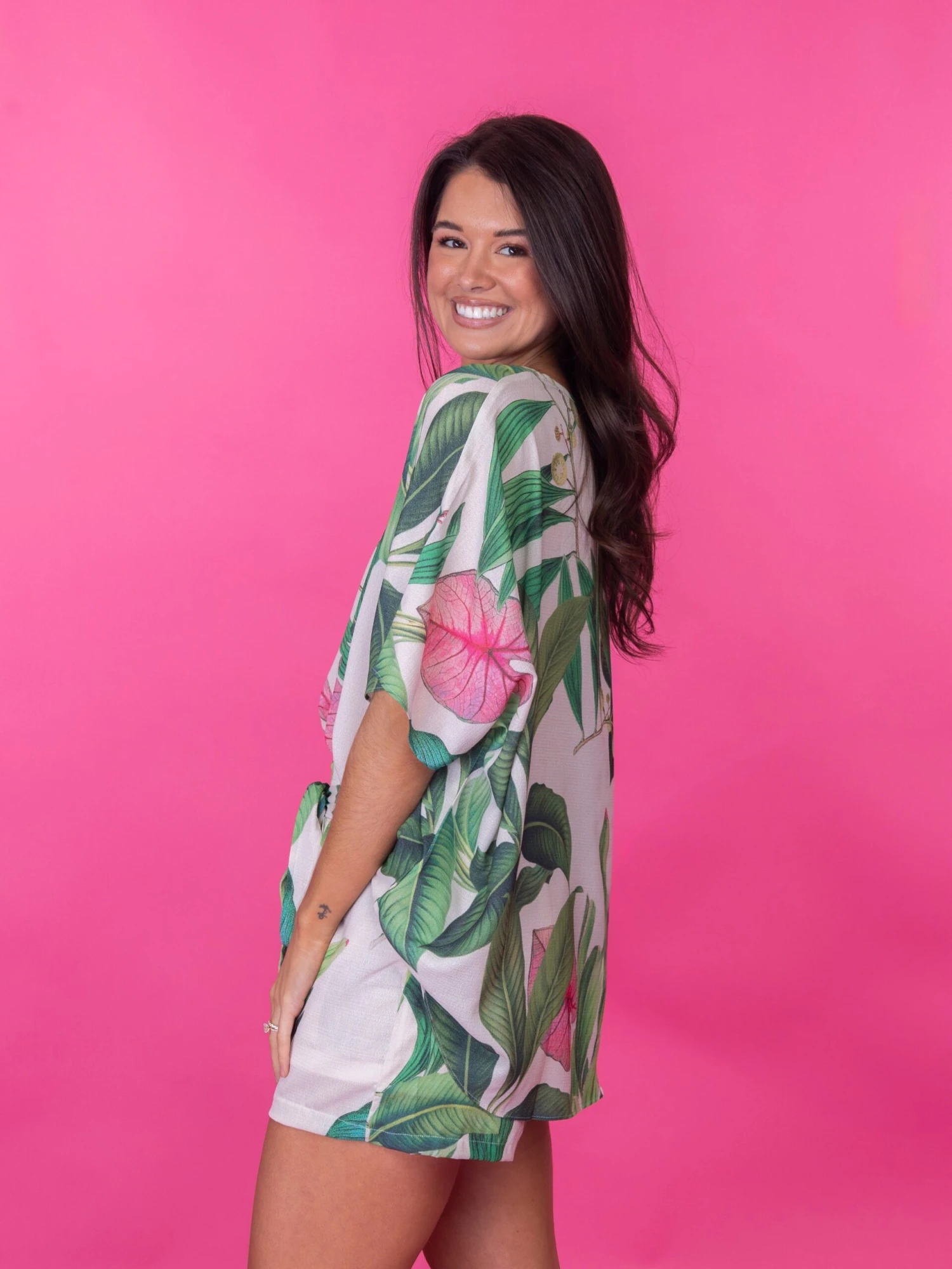 Oversized Hot Pink Leaf Print V Neck Top | S-3X Set W/ Sku49556 - Image 2
