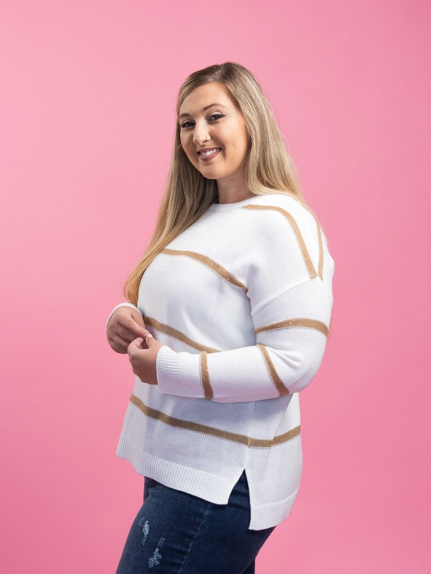 Long Sleeve Crewneck Striped Sweater | 1X-3X - Image 3