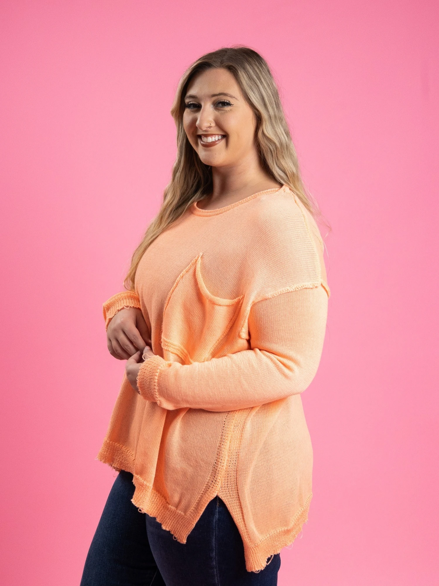 Long Sleeve Round Neck Raw Hem Sweater W/ Chest Pocket | S-L - Image 3