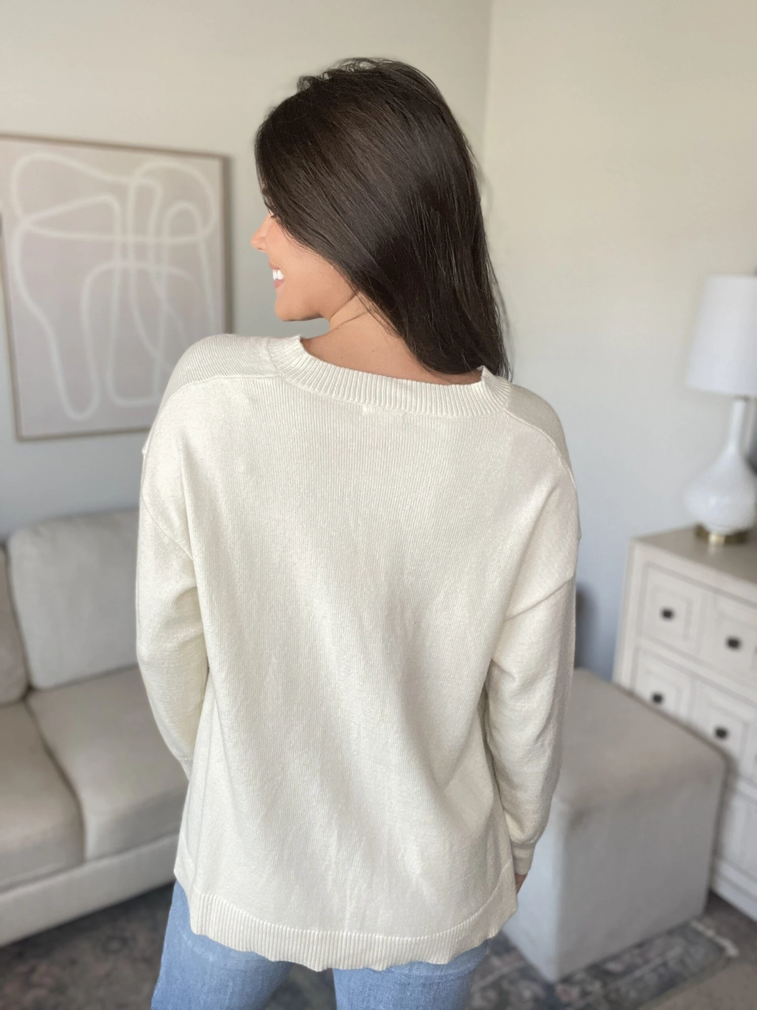 V Neck Long Sleeve Sweater W/ Side Slits | S-L - Image 4