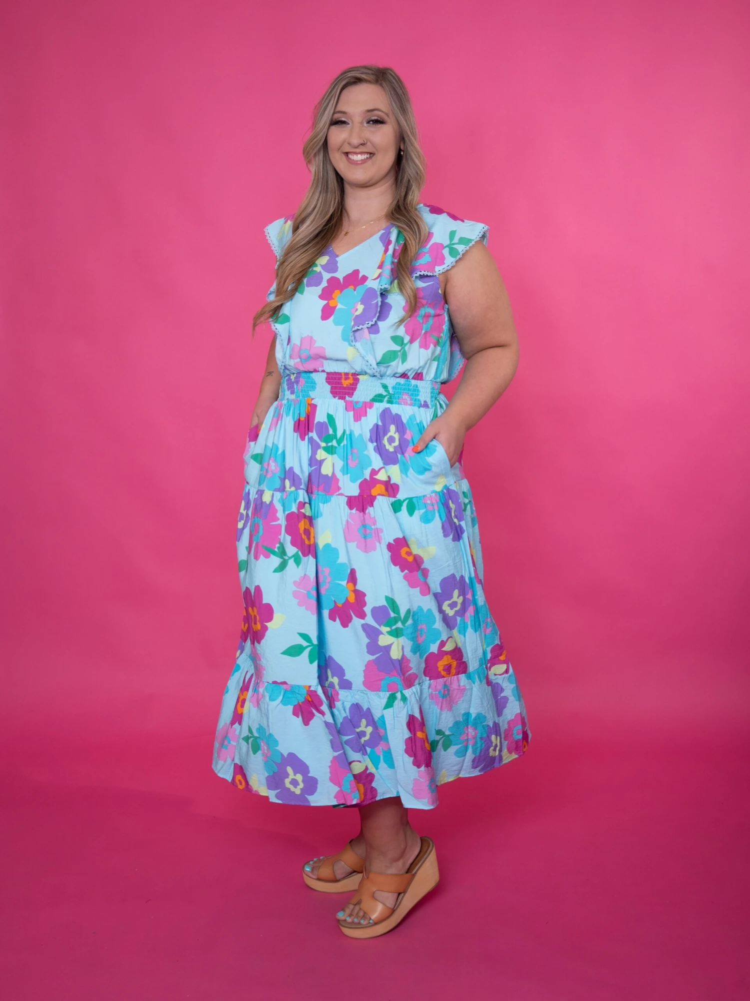 Floral Print V-Neck Lace Detail Flutter Sleeve Maxi Dress | S - 3XL - Image 5