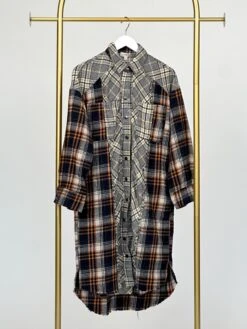 Mixed Plaid High Low Collared Button Down Long Sleeve Hem Dress | S - L