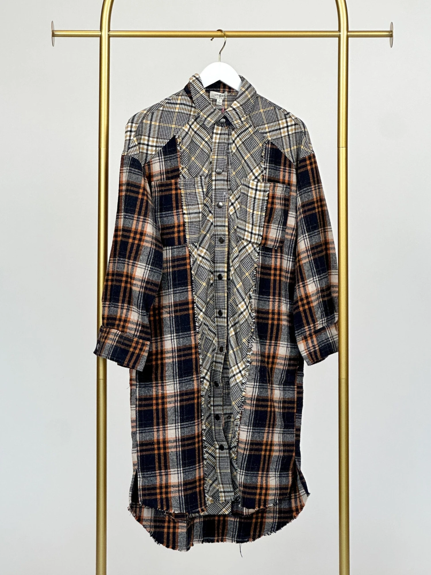 Mixed Plaid High Low Collared Button Down Long Sleeve Hem Dress | S - L