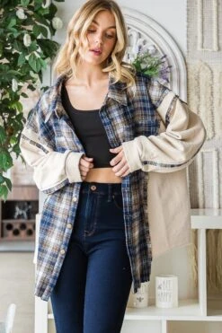 Washed Plaid & Terry Mix Button Front Top | S - XL Oli & Hali
