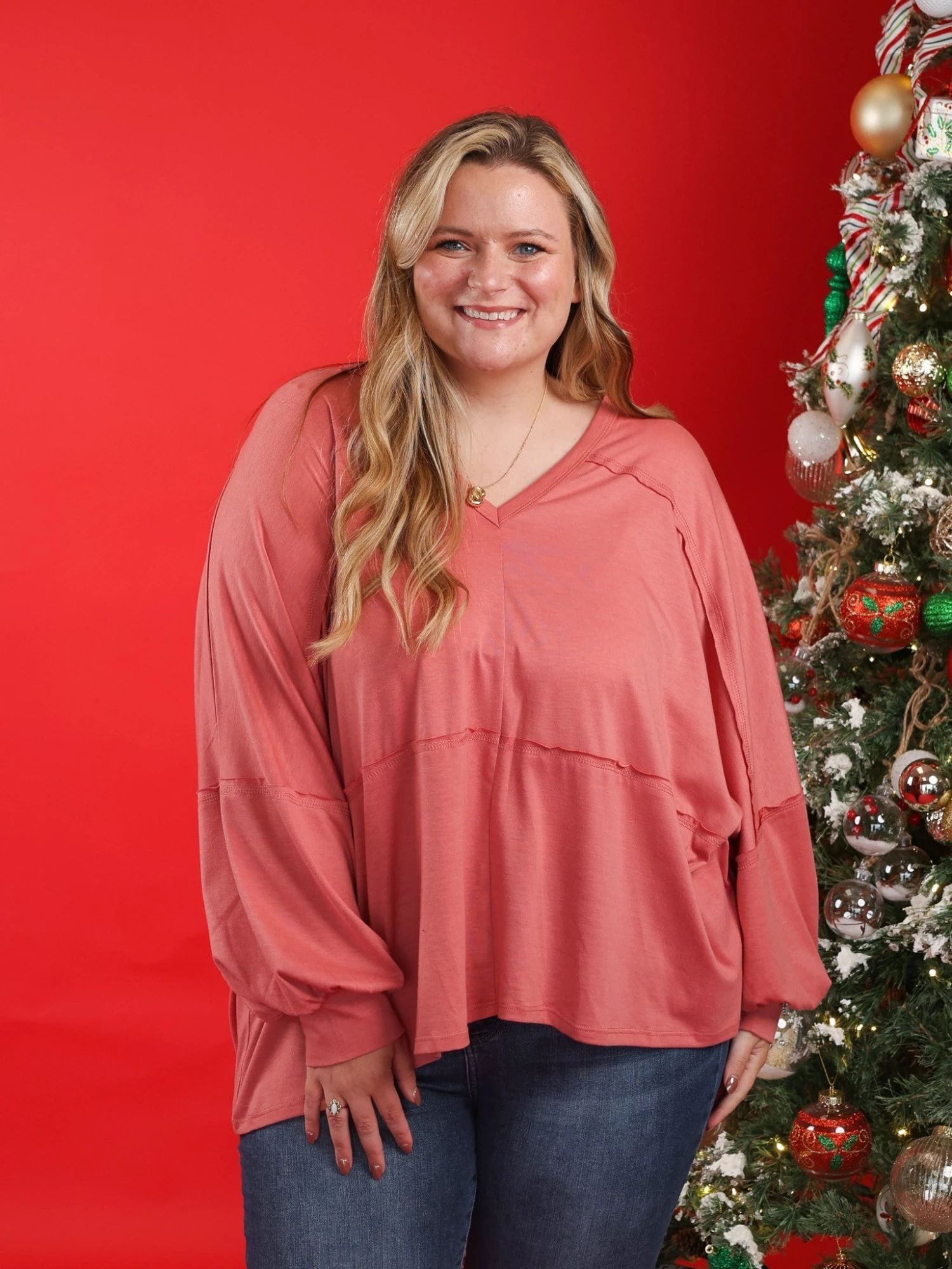 Long Sleeve V-Neck Relaxed Fit Top | S - 3X - Image 2