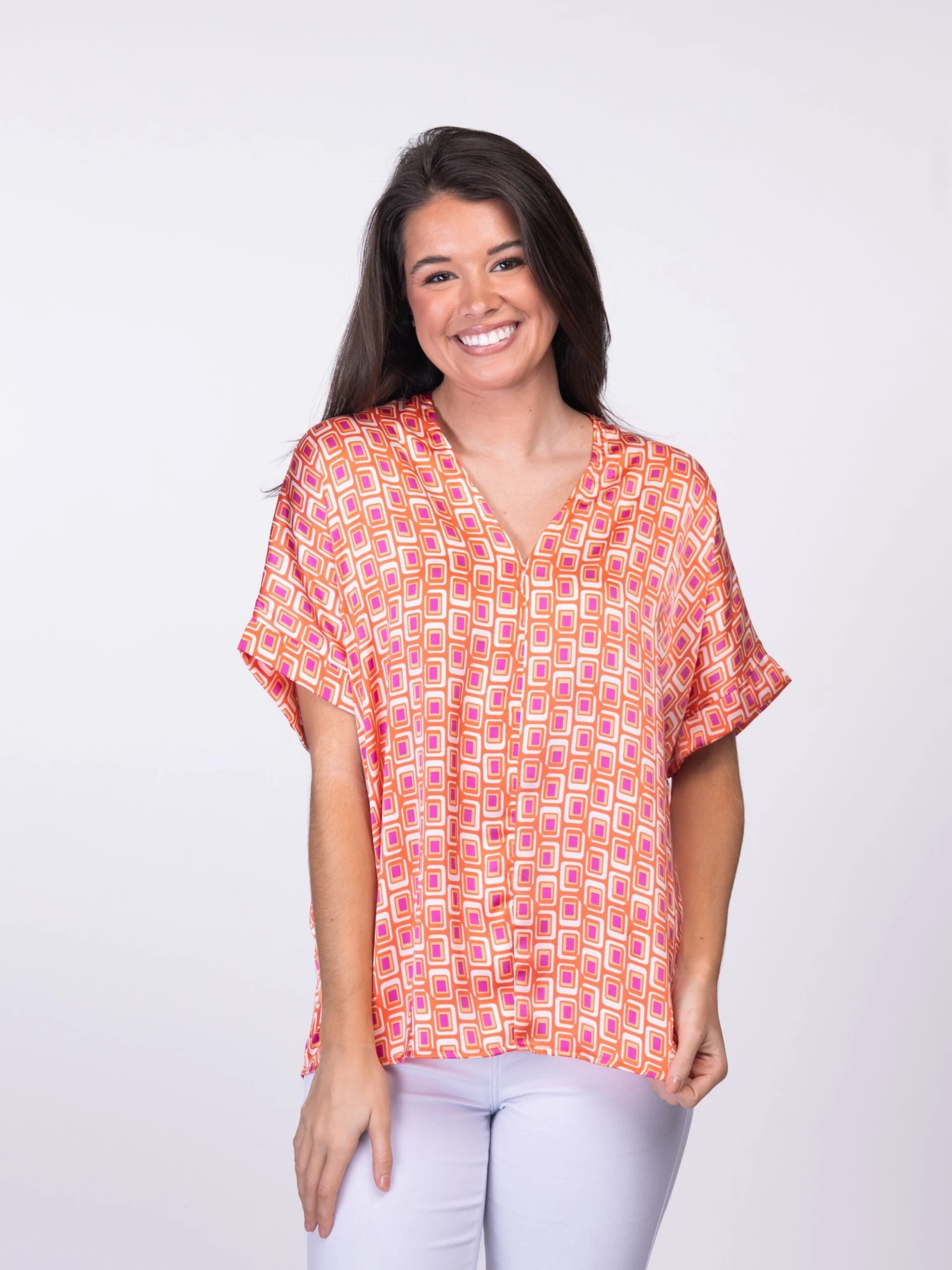 Short Sleeve V Neck Geometric Print Top | S-L