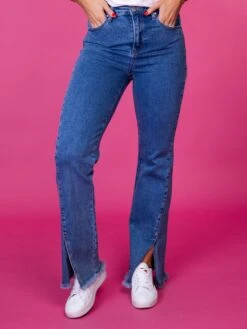 Risen High Rise Front Slit Relaxed Straight Leg Jeans | 0-15