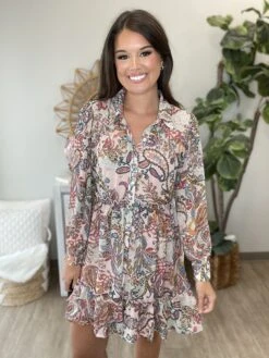 Paisley Long Sleeve Button Up Dress | S - L