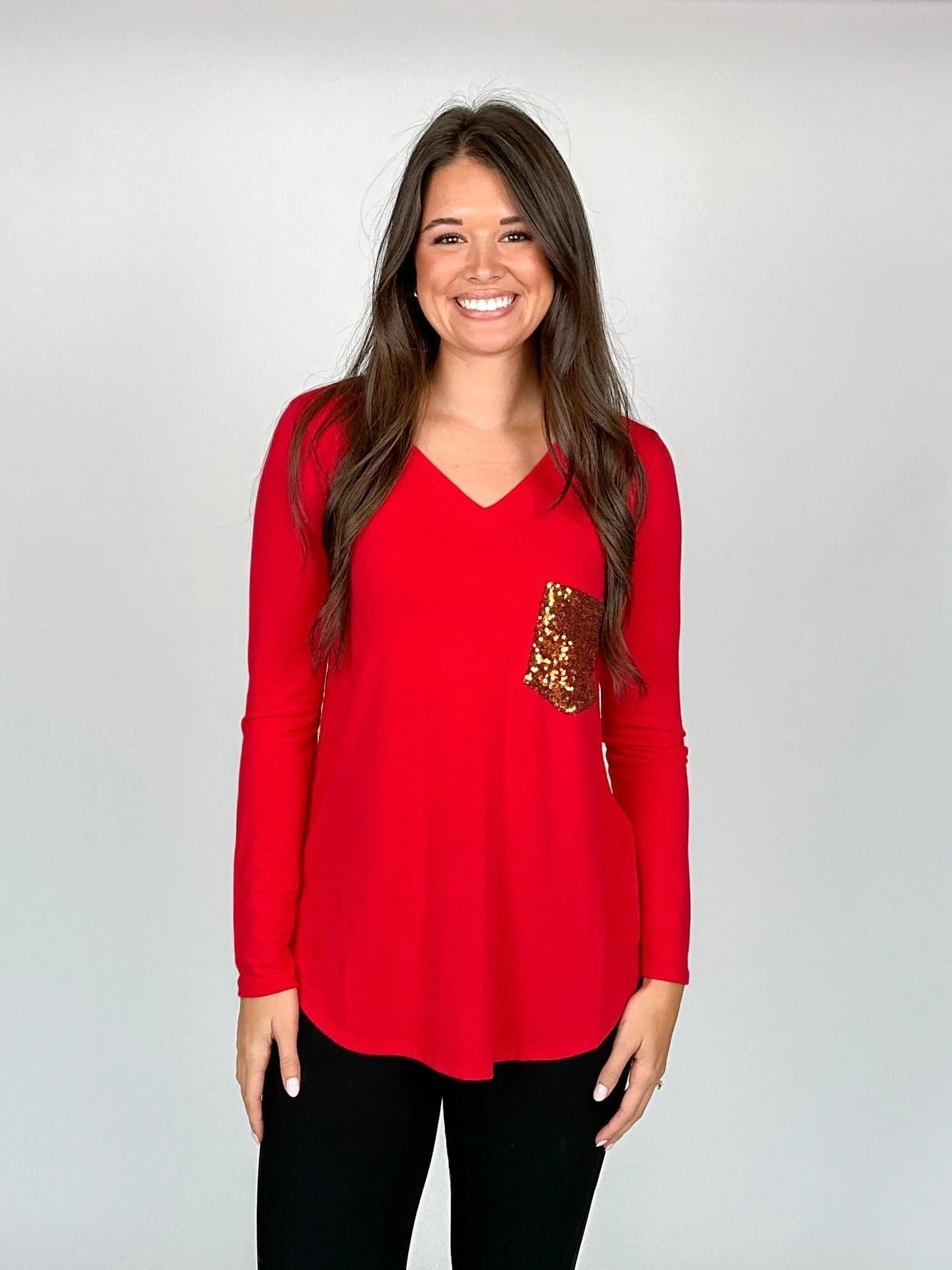 Zenana Long Sleeve V-Neck Top W/ Chest Sequin Pocket | S - 3X - Image 3