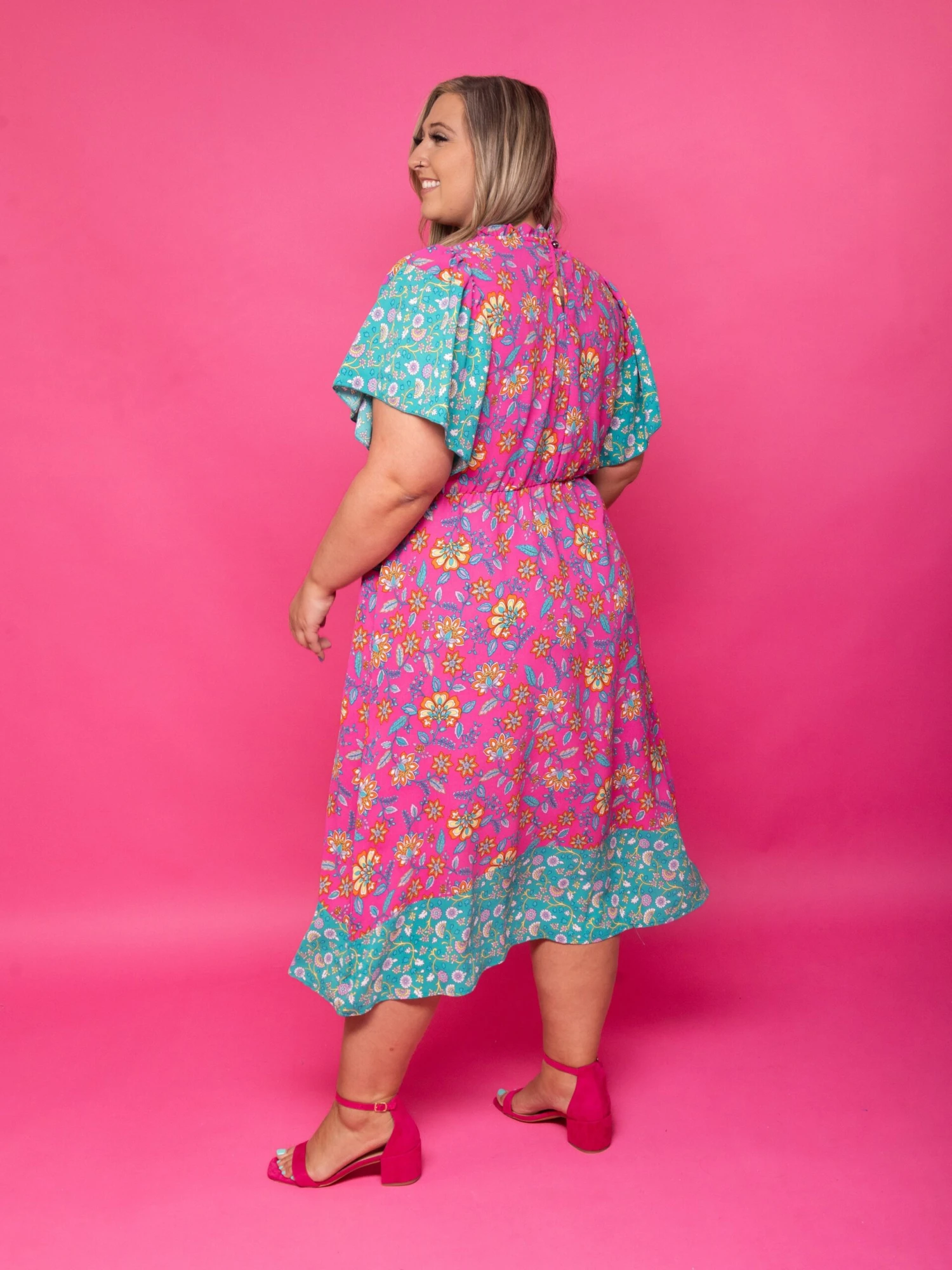 Mock Neck Floral Colorblock Short Sleeve Midi Dress | S - 3XL - Image 4