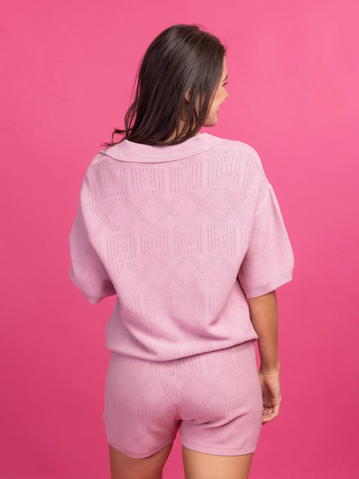 Short Sleeve Collared Crochet Knit Top | S-Lw/ Sku49947 - Image 3