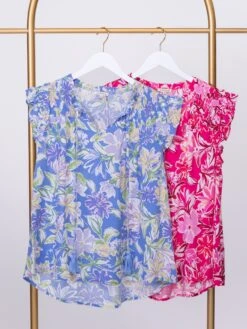 Smocked Sleeveless Floral Print Top W/ Tie Neck | S-L