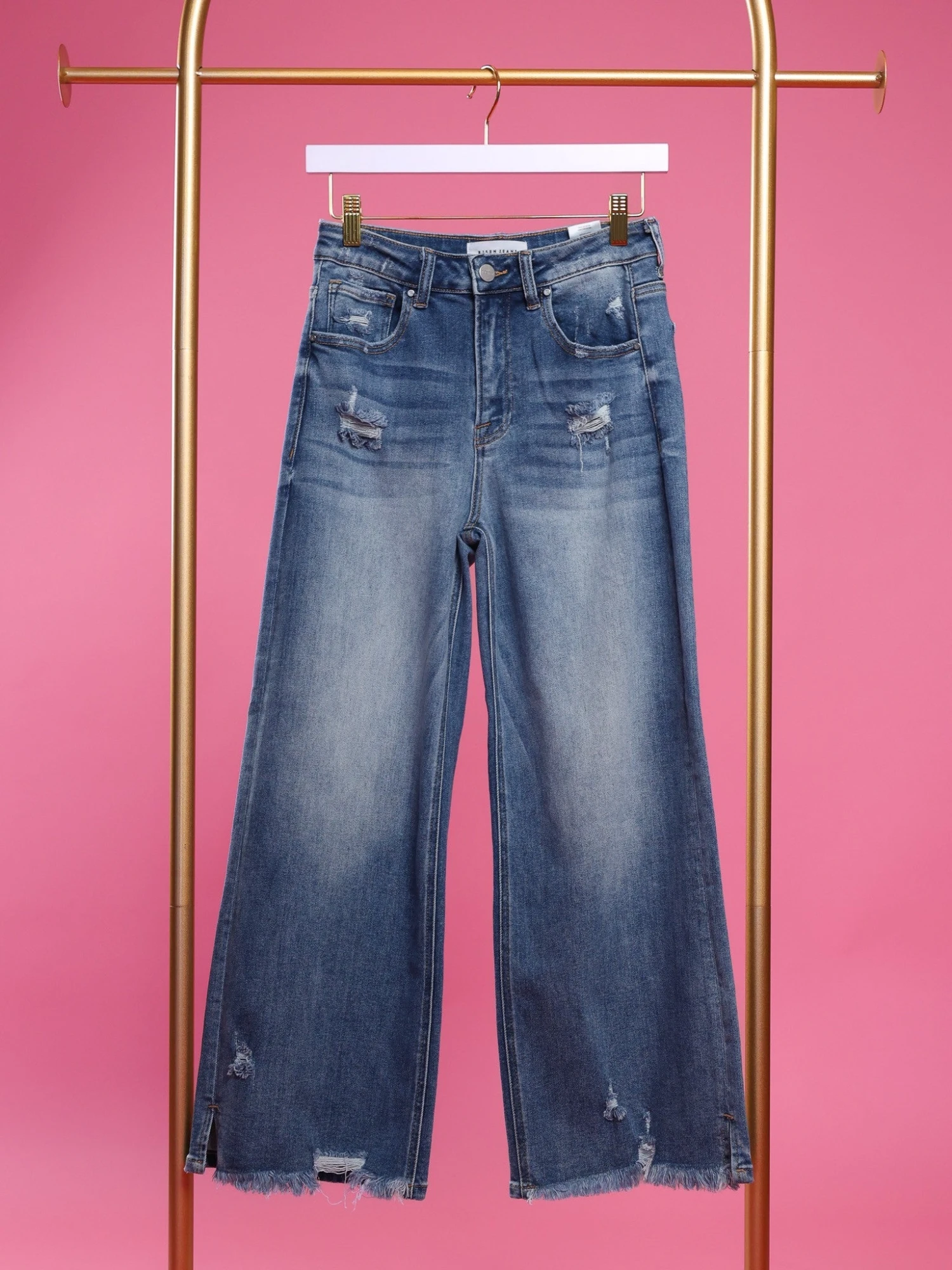 Risen High Rise Side Slit Fray Hem Wide Leg Jeans | 0-3X