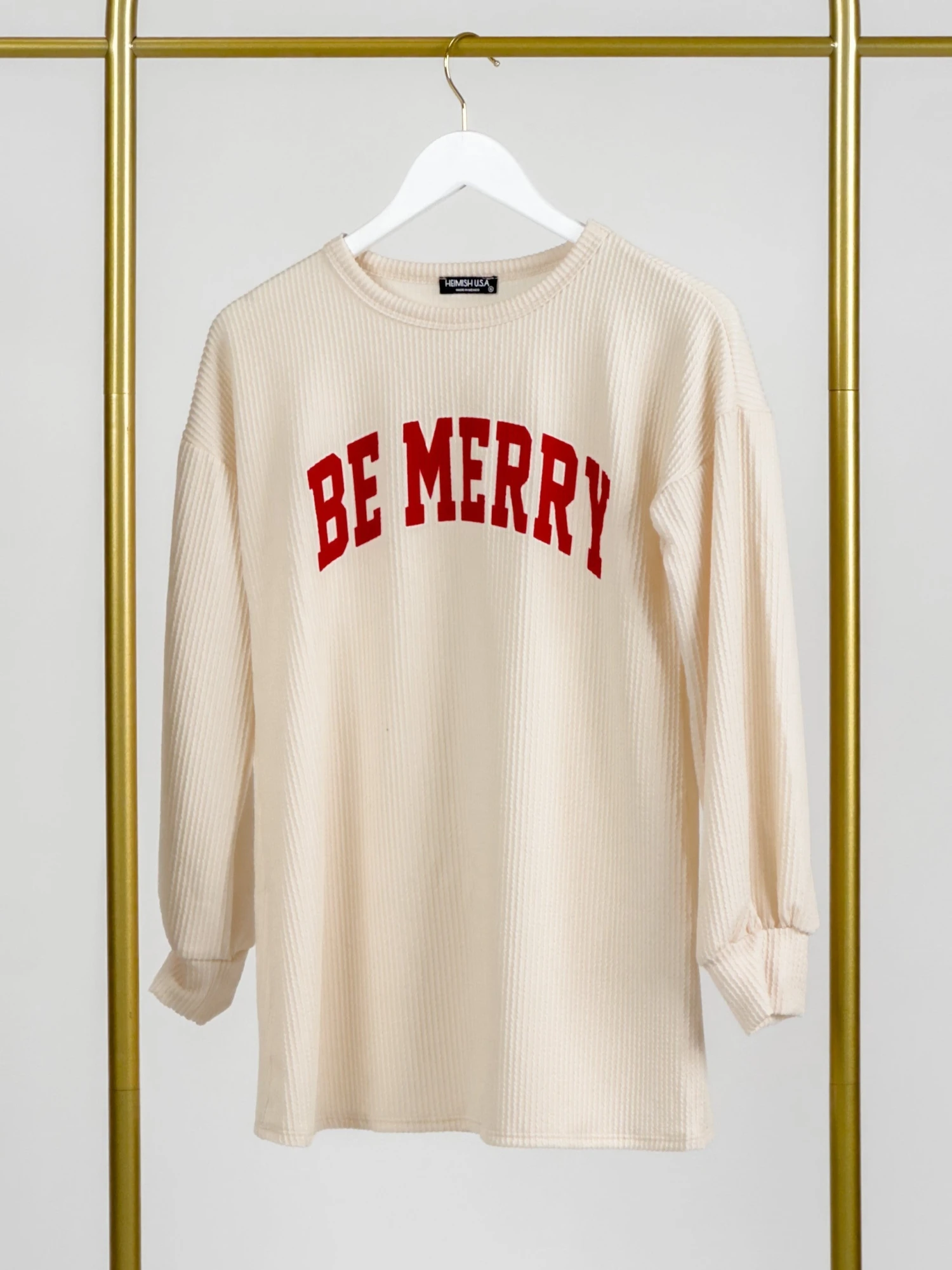 Be Merry Ribbed Loose Fit Round Neck Long Sleeve Top | S-3X