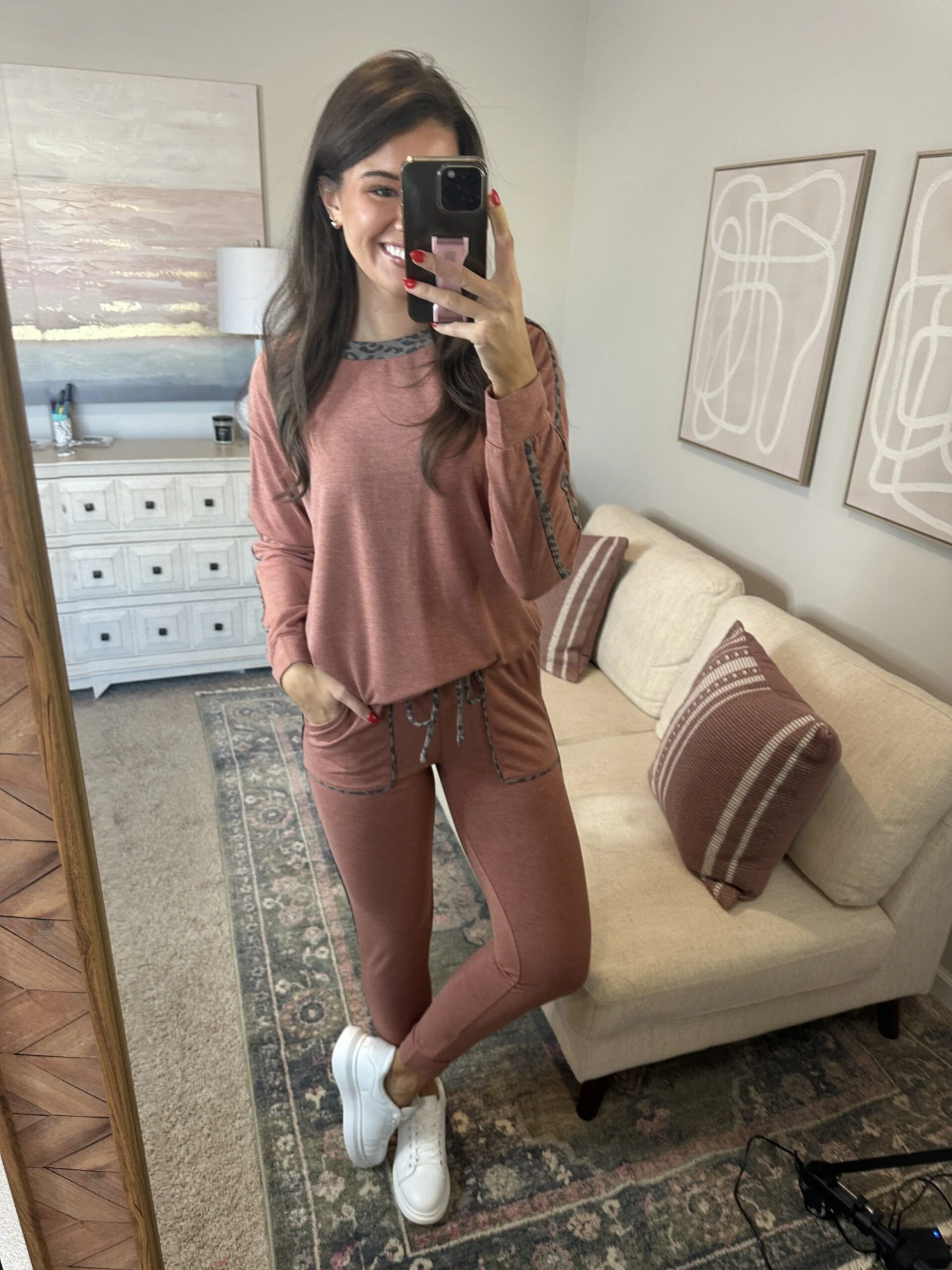 Leopard Trim Round Neck Lounge Pullover | S-L Set W/ Sku48789 - Image 7