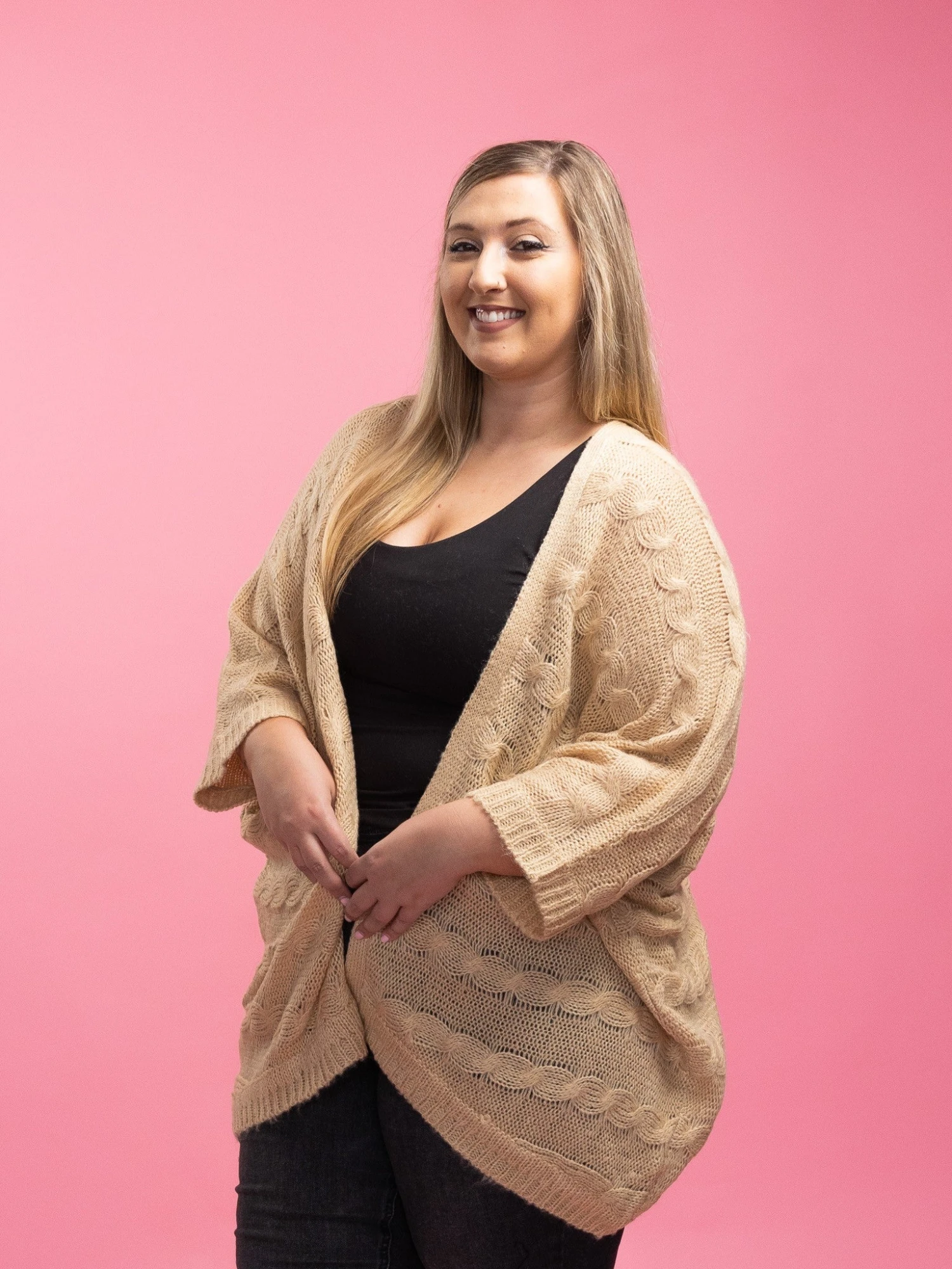 Cable Knit Long Sleeve Open Front Cocoon Cardigan | S-3X - Image 2