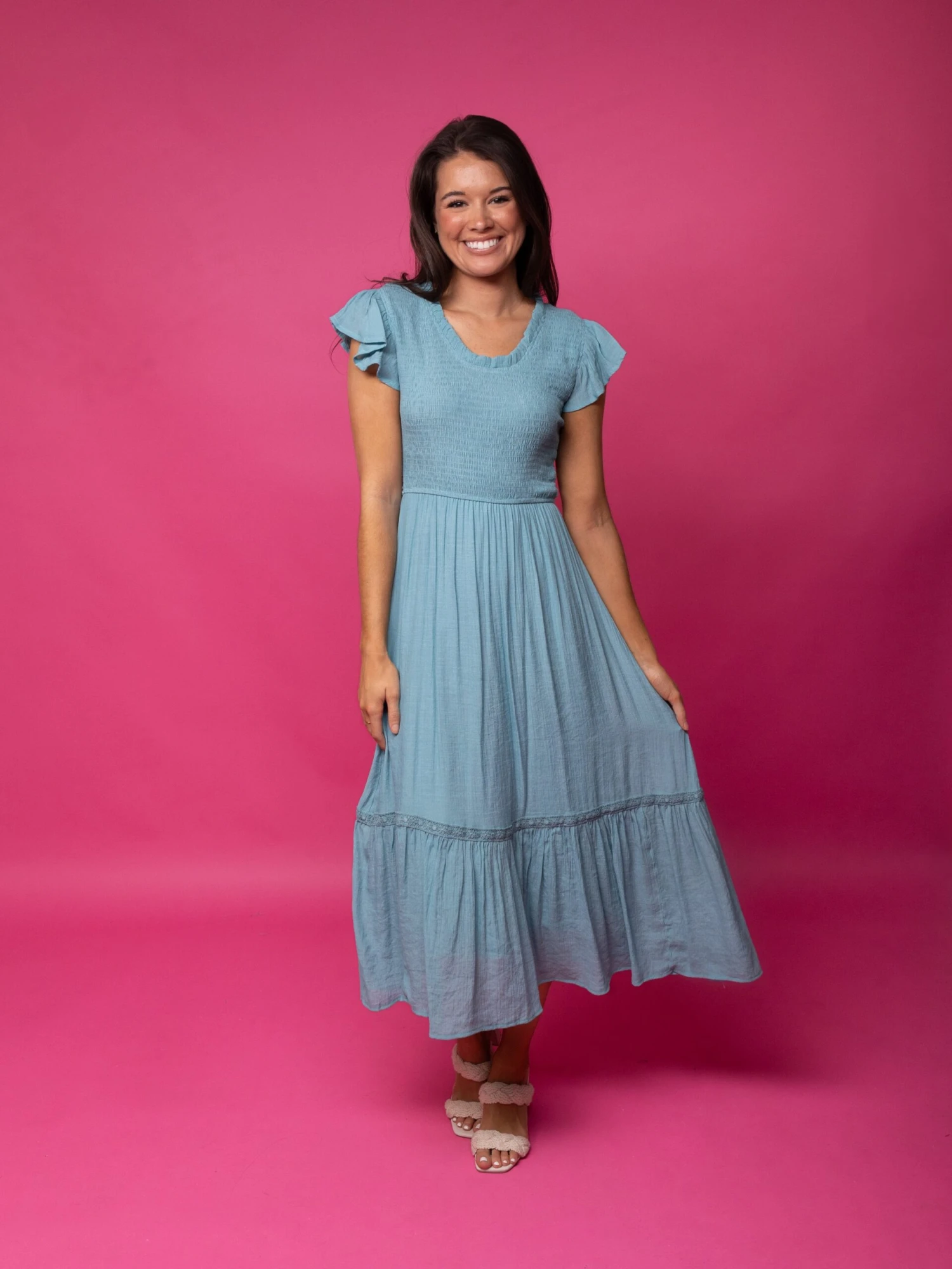 Scoop Neck Flutter Sleeve Smocked Midi Dress | S-L - Image 2