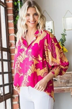 Floral Print Collared Smock Cuff 3/4 Sleeve Blouse | S - 3X