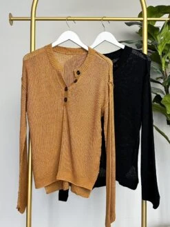 Split Neck Long Sleeve Waffle Knit Sweater | S-2X
