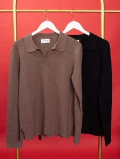 Collared Long Sleeve Split V Neck Knitted Top | S - 3X