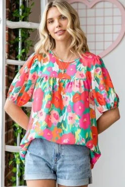 Floral Print Elastic Cuff Short Sleeve Top | S - 3X