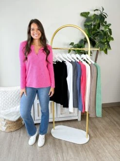 Zenana Melange V Neck Long Sleeve Waffle Knit Top | S-XL