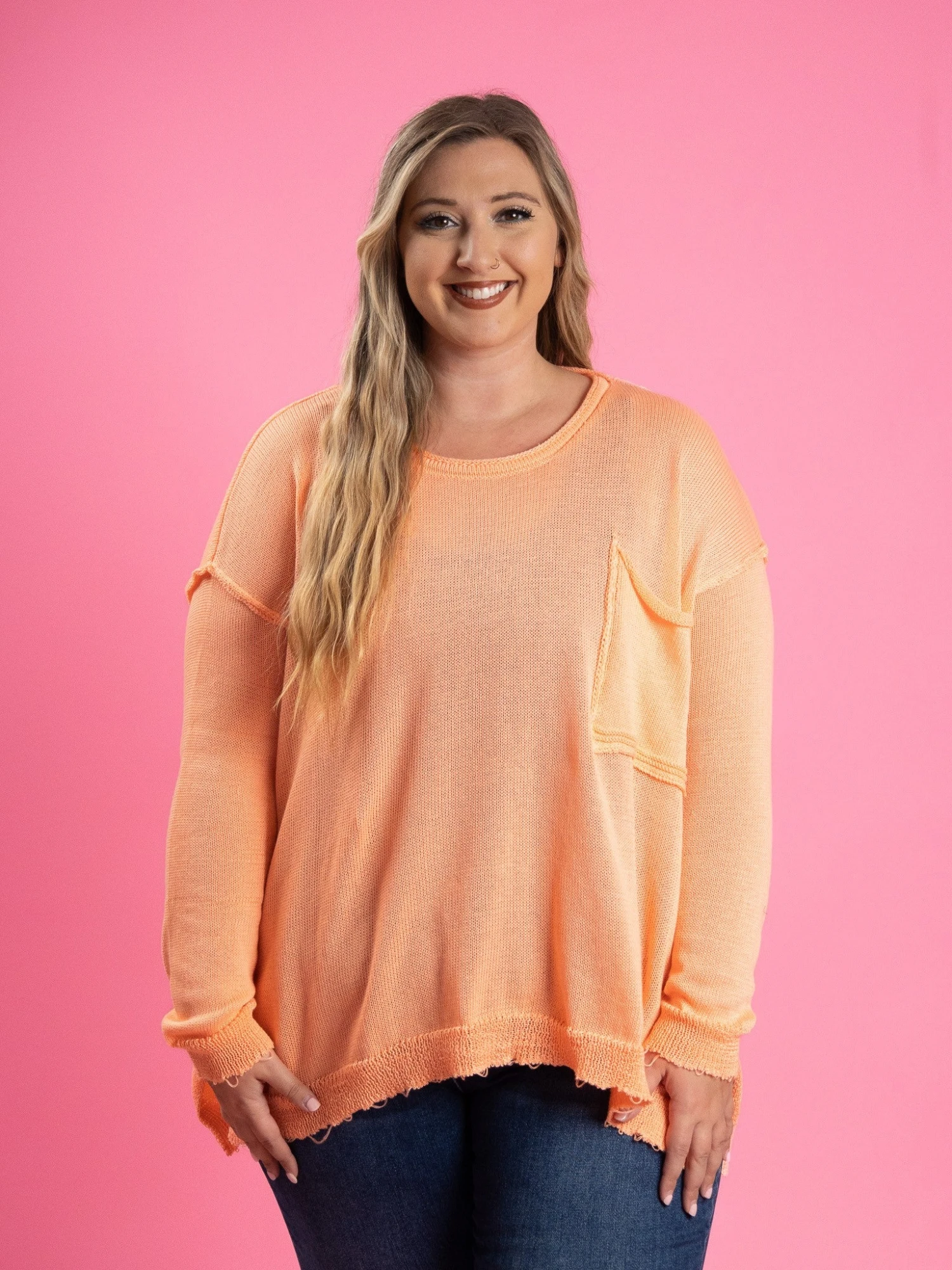 Long Sleeve Round Neck Raw Hem Sweater W/ Chest Pocket | S-L - Image 4