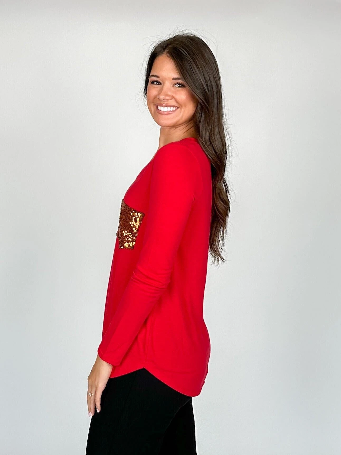 Zenana Long Sleeve V-Neck Top W/ Chest Sequin Pocket | S - 3X - Image 5