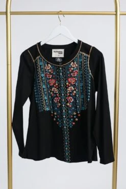 Embroidered Half Button Round Neck Long Sleeve Top | S-L