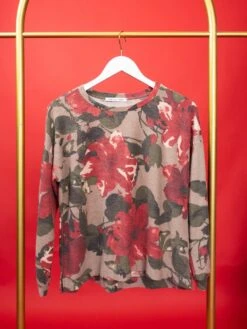 French Terry Long Sleeve Crew Pullover W/ Flower Print | S-L