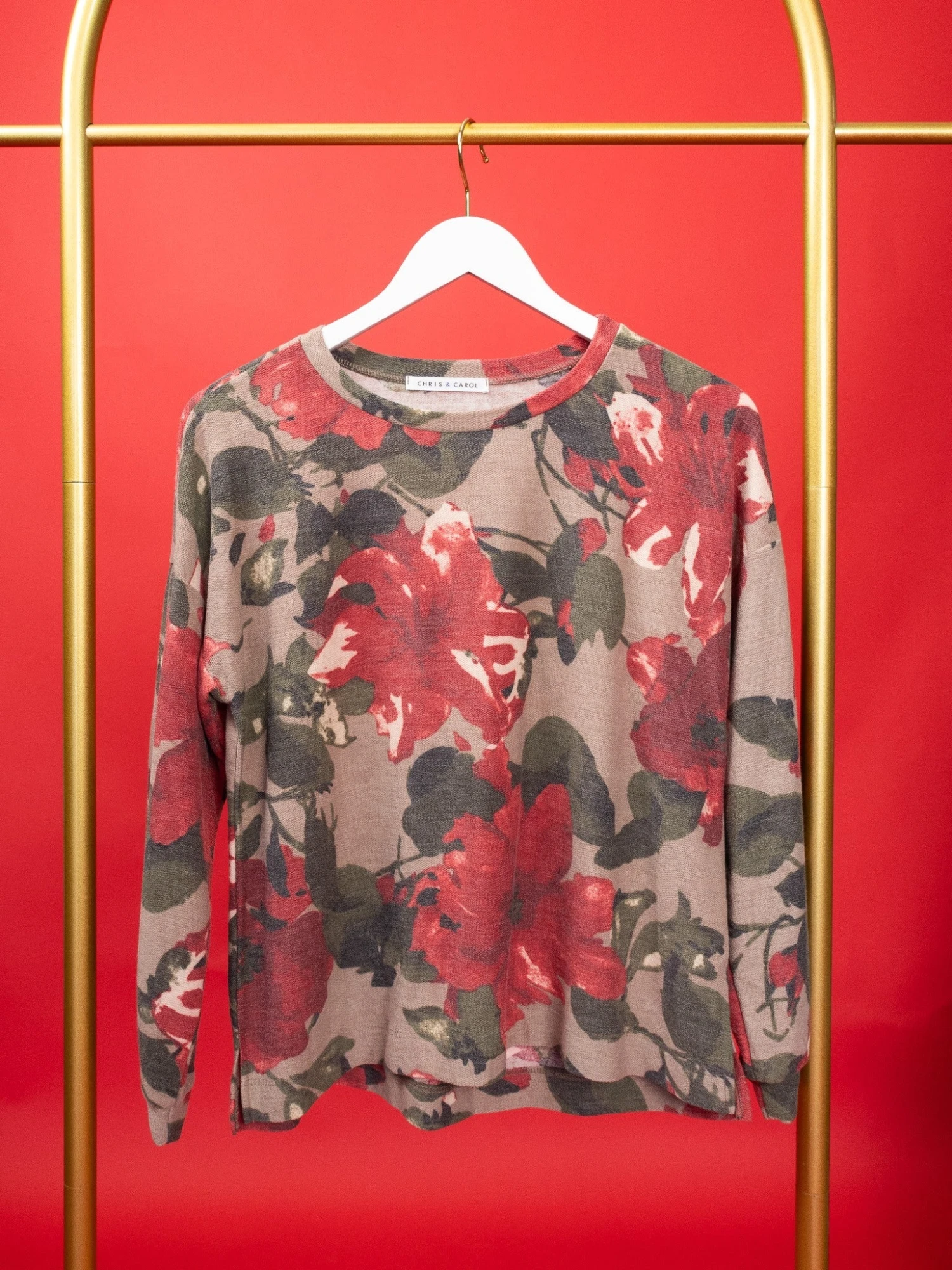 French Terry Long Sleeve Crew Pullover W/ Flower Print | S-L