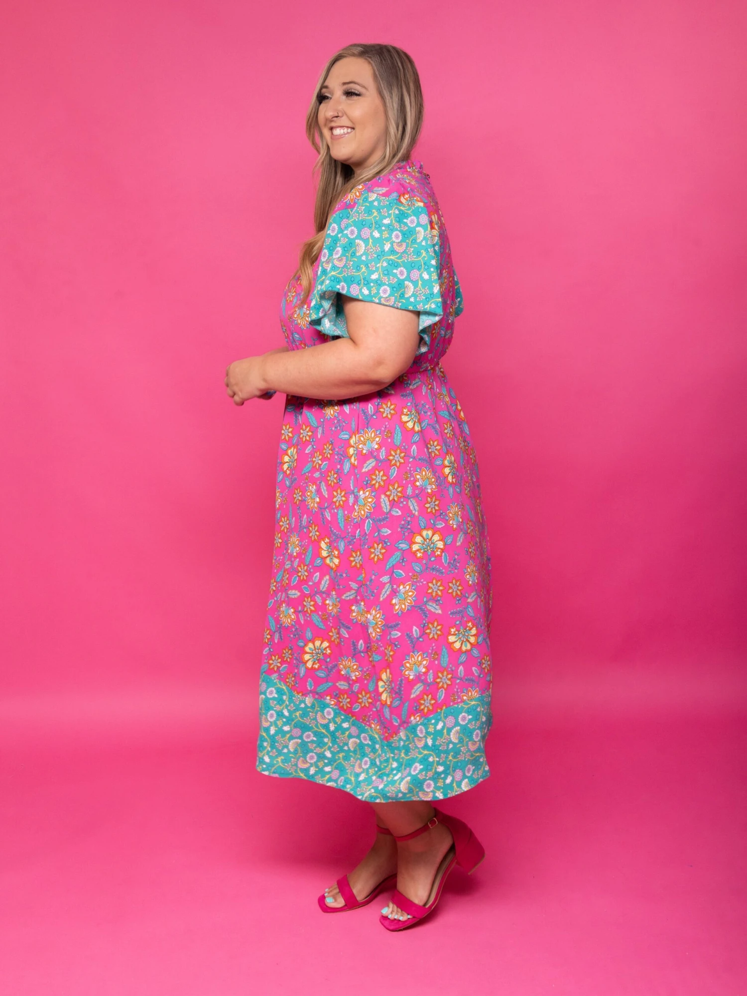 Mock Neck Floral Colorblock Short Sleeve Midi Dress | S - 3XL - Image 3