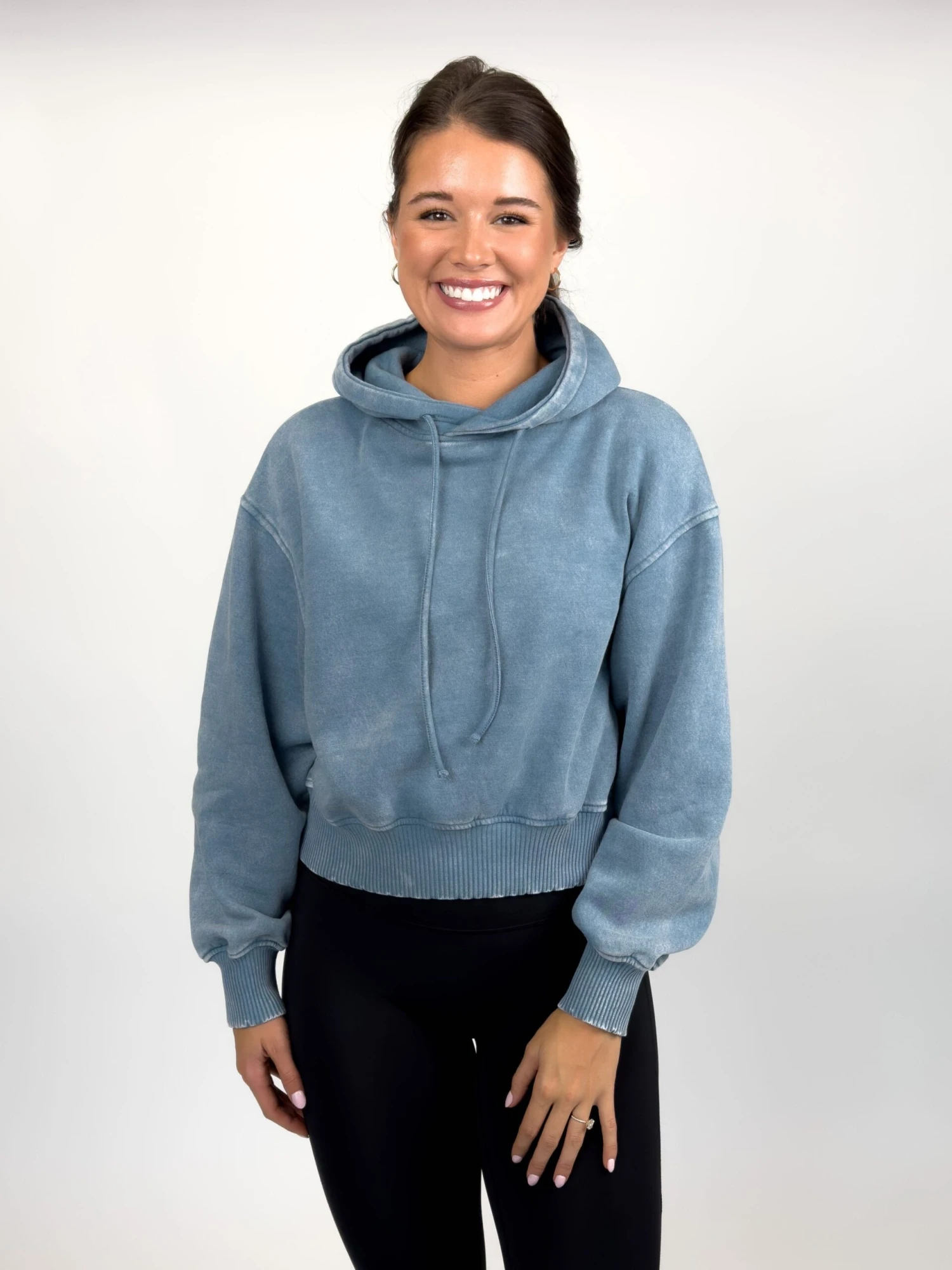 Zenana Acid Wash Cropped Fleece Long Sleeve Drawstring Hoodie | S - L - Image 2
