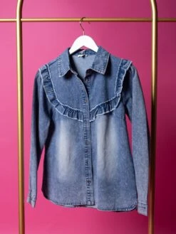 Long Sleeve Frilled Yoke Button Down Denim Top | S - L