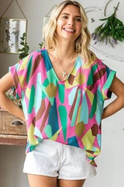 Abstract Print Rayon Slub Drop Shoulder Top | S - 3X