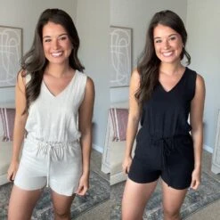 Elastic Drawstring Waist V-Neck Romper W/ Pockets | S-2XL *Final Sale*