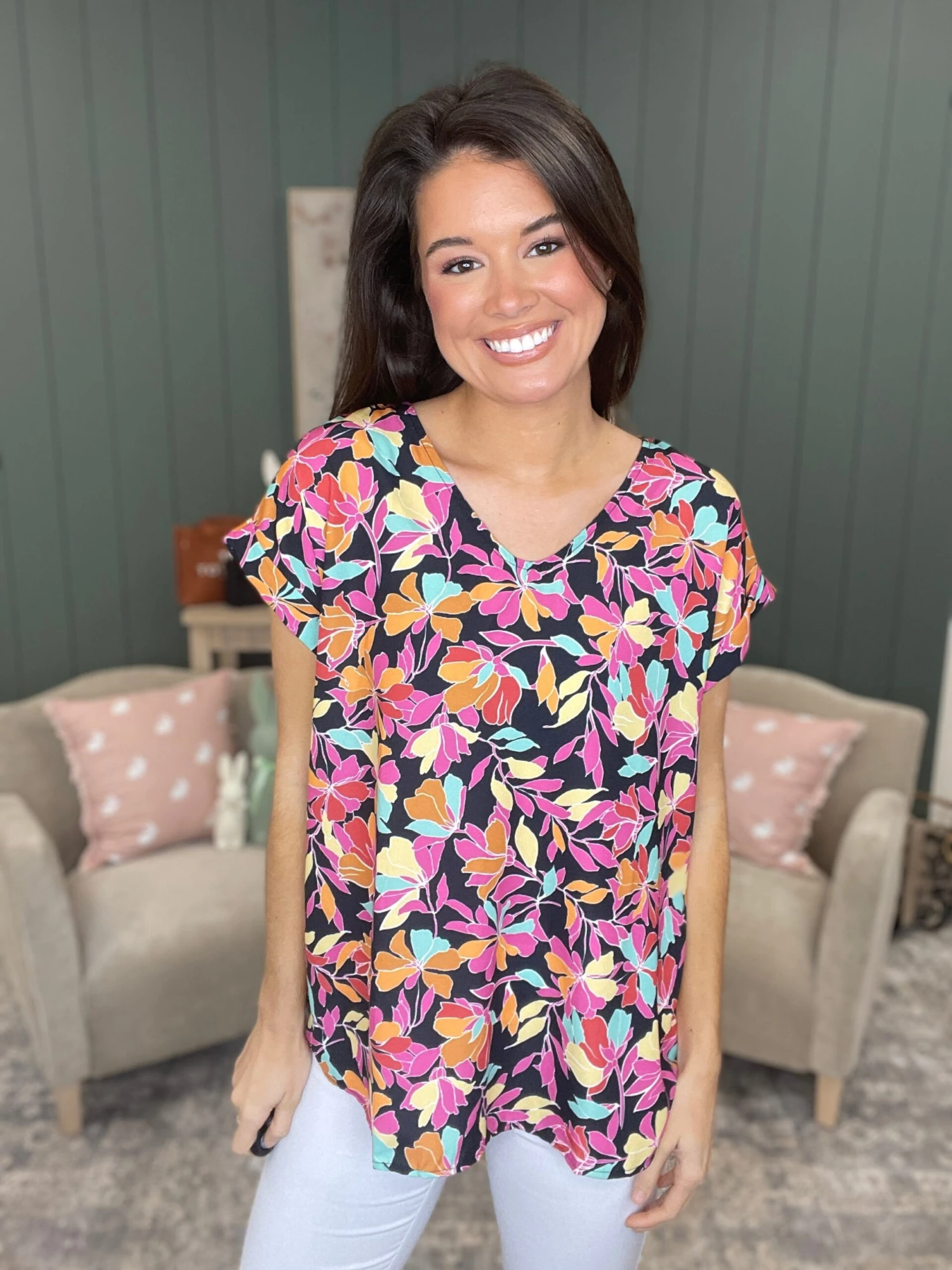 Floral Print V-Neck Drop Shoulder Short Sleeve Top | S - 3X