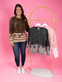 Leopard & Stripe Mixed Print Round Neck Sweater | S-L