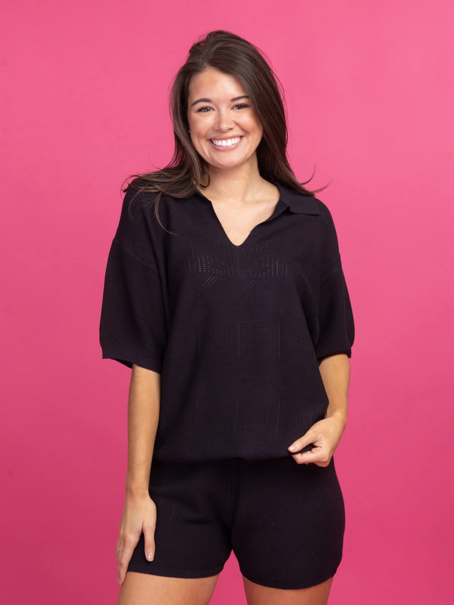 Short Sleeve Collared Crochet Knit Top | S-Lw/ Sku49947 - Image 5