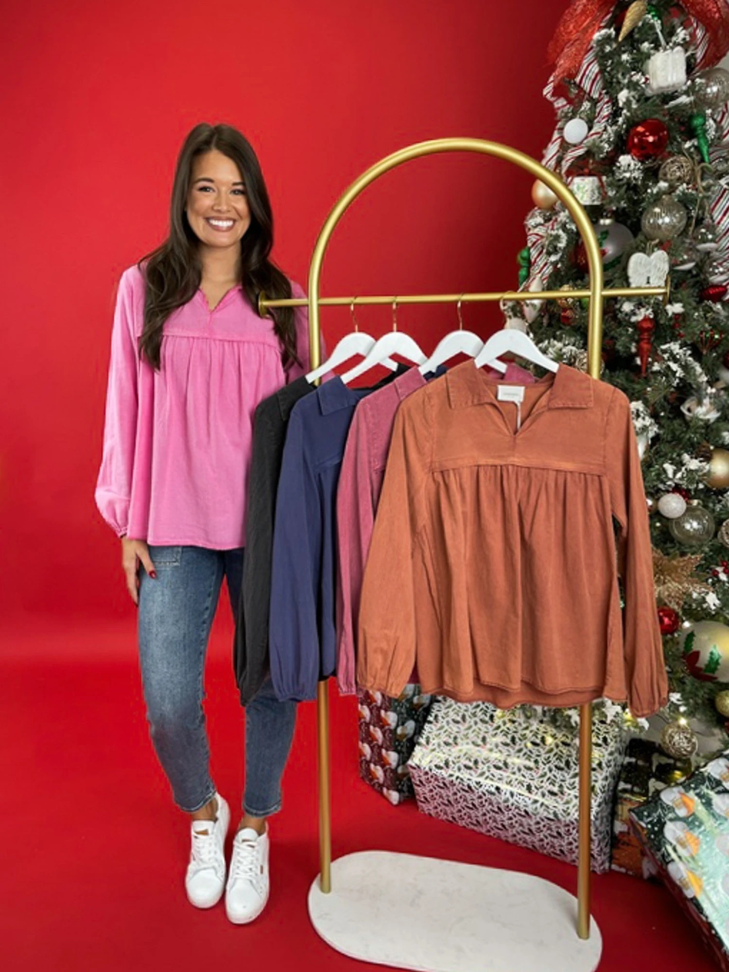 Washed Long Sleeve V Neck Babydoll Top | S-3X