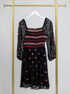 Smocked Bodice Long Sleeve Swiss Dot Textured Square Neck Embroidered Dress | S - 3XL