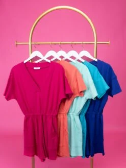 Zenana Gracie Drop Shoulder V-Neck Romper W/ Pockets | S-3X