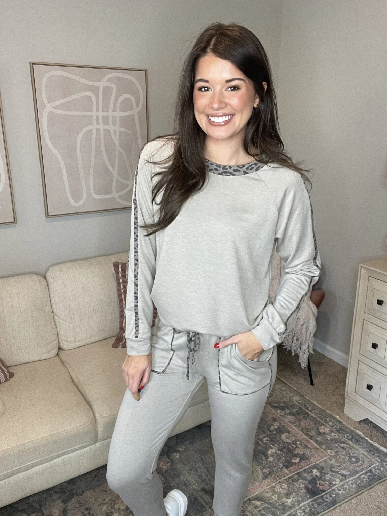 Leopard Trim Round Neck Lounge Pullover | S-L Set W/ Sku48789 - Image 5